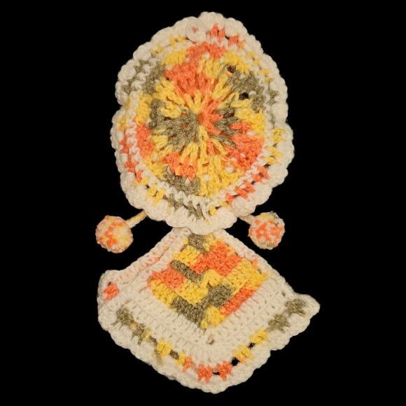 Vintage Orange & Yellow Granny Square Crochet Pot Holder Doll Set – 3 Pc Kitchen - Picture 2 of 3